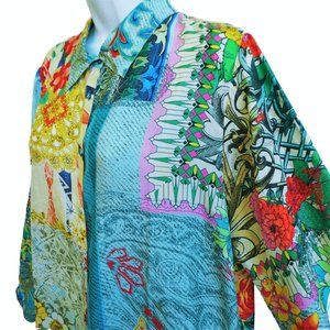 Johnny Was SiLK Floral Mixed Tunic Button Up Patchwork Boho Chic Luxurious M